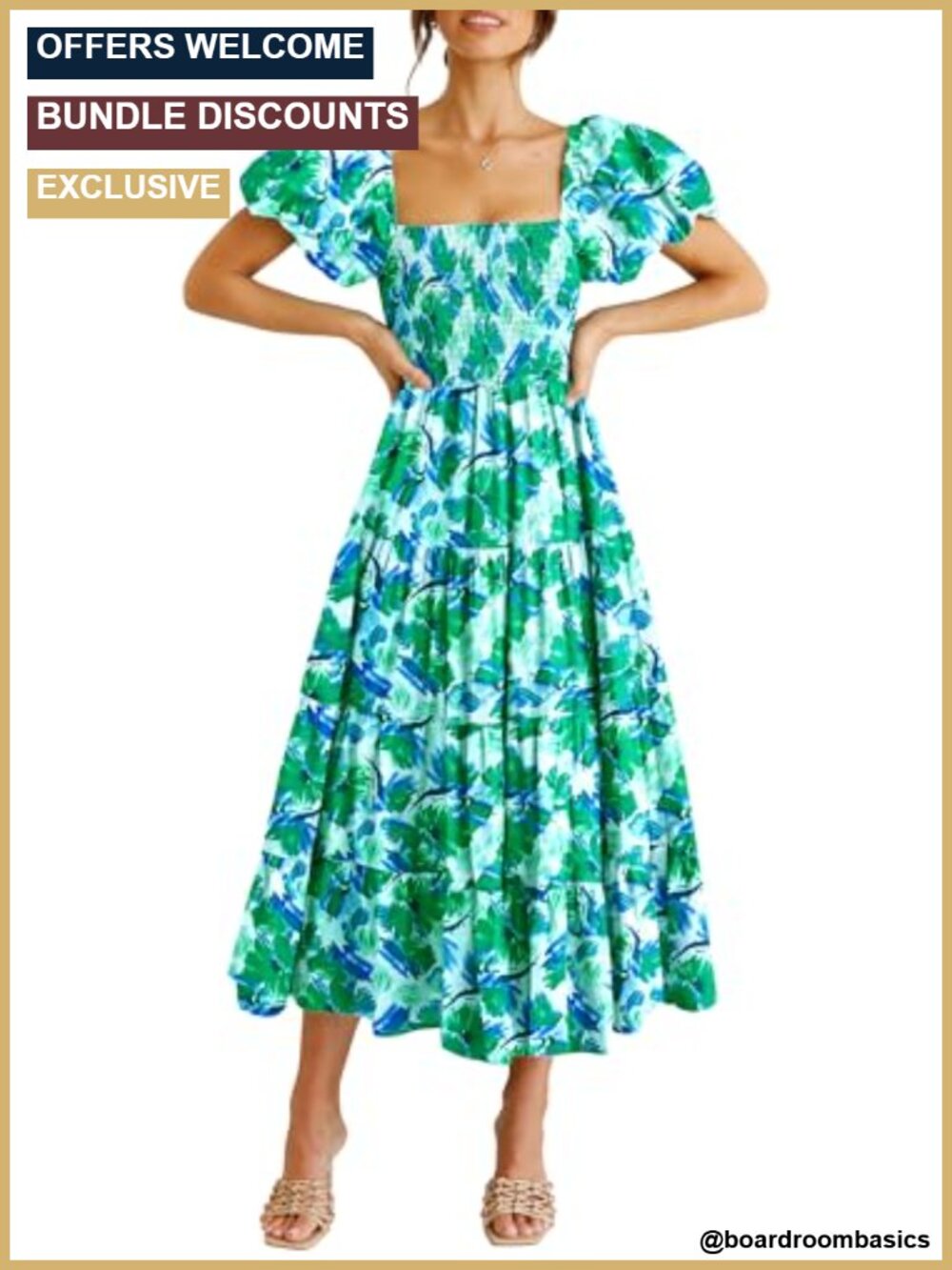 Smocked Square Neck Midi Dress Puff Sleeve Tiered A-Line Floral